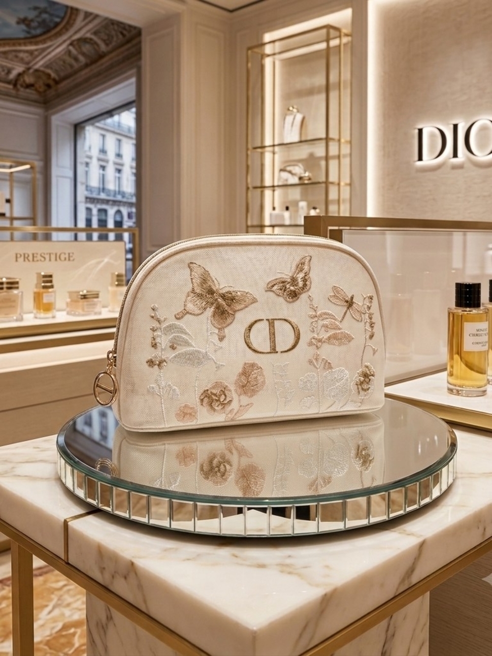 Dior Cream Embroidered Butterfly Cosmetic Pouch with Gold CD Accent-NIB!